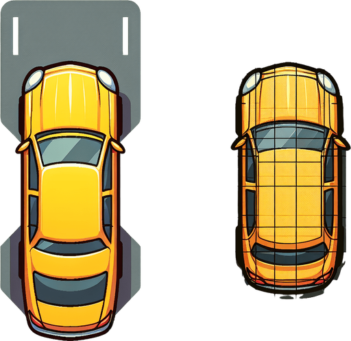 yellow car upper view design as in cartoons.
Single Game Texture. In-Game asset. 2d. Blank background. High contrast. No shadows.