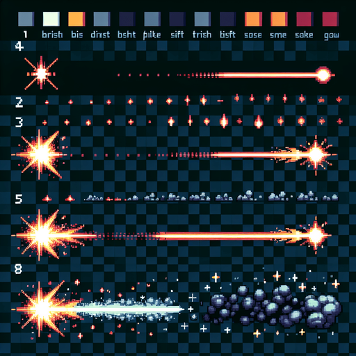 Create a series of pixel art images depicting a blaster shot. The blaster shot should be represented by a small, glowing projectile with a trail of smoke or sparks. The animation should consist of eight frames and loop continuously. Use a limited color palette of 16 colors or less, simple shapes and lines, and transparency for a seamless background. Employ standard pixel art techniques like dithering and anti-aliasing.
Bright flash, sizzling sound, swift arc, fading glow.