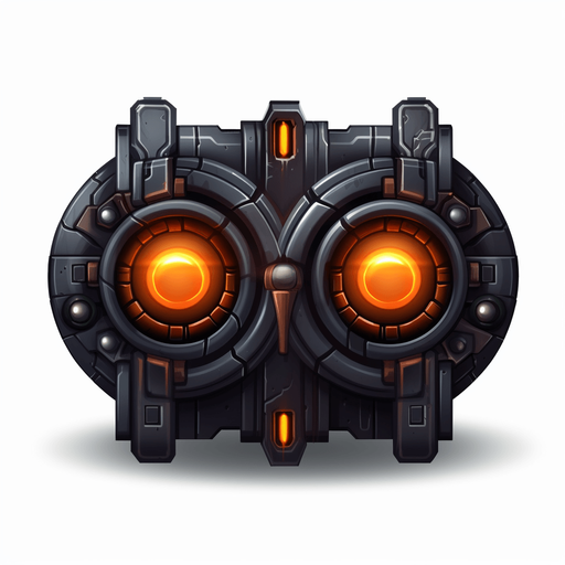 Dark circular power up indicating double cannons.
Game Texture. In-Game asset. 2d. Pixelart. White background. Blank background. Low detail. High contrast.
