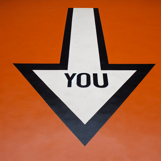 A big black horizontal arrow pointing left with centred text 'YOU' in capital letters, painted on an orange floor..
horizontal and pointing left