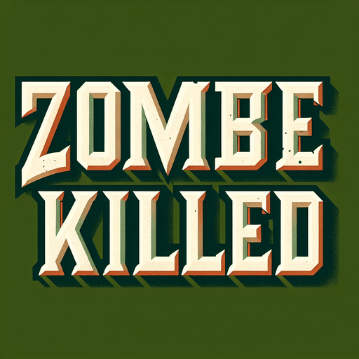 A bold, uppercase text displaying 'Zombie Killed' in a vintage sports-style font. The letters are thick, blocky, and have a three-dimensional effect with a dark outline. The text is off-white with a slightly aged and worn texture. The background is deep green, providing a strong contrast. The text is displayed horizontally, maintaining a structured and professional look. The font has sharp, angular edges, resembling varsity or athletic lettering commonly seen on sports jerseys or scoreboards..
Single Game Texture.  In-Game asset.  2d.  Blank background.  High contrast.  No shadows