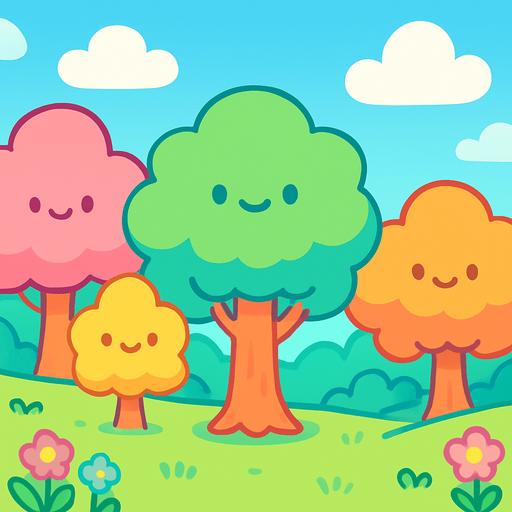 Un fondo colorido y brillante estilo caricatura. La escena es un bosque abierto alegre con colores pastel vibrantes, formas suaves y redondeadas, y un cielo azul claro con nubes esponjosas. El estilo es kawaii, juguetón y fantástico, con líneas suaves y una atmósfera feliz y amigable, perfecto para una introducción divertida y cute de un juego.
In-Game asset.  2d.  High contrast.  No shadows