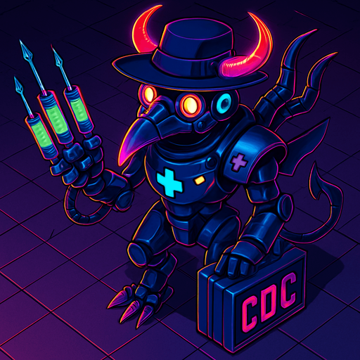 Neon cyberpunk anime top down isometric animatronic plague doctor cyborg demon medic CDC corporate robot monster disease pestilence medicine syringes