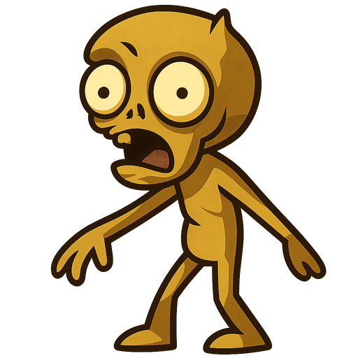 A golden zombie with wide eyes. No background. Transparent background. Blank background. No shadows. 2d. In-Game asset. flat