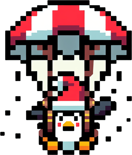 cute chubby angry parachuting penguin wearing a santa hat. pixelated. 8 bit. Single Game Texture. In-Game asset. 2d. Blank background. High contrast. No shadows.