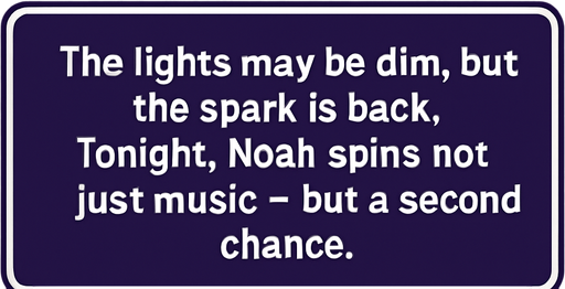 A rectangular comic-style narrator box placed near the bottom of a vertical panel (2048x2732). Dark purple background with rounded corners, white border. Inside, centered white text in clean comic font reads:
"The lights may be dim, but the spark is back. Tonight, Noah spins not just music — but a second chance.".
In-Game asset.  2d.  High contrast.  No shadows