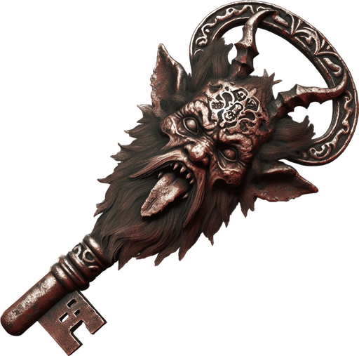 eerie creepy old rusty key with krampus face embossed on it png.
Single Game Texture. In-Game asset. 2d. Blank background. High contrast. No shadows.