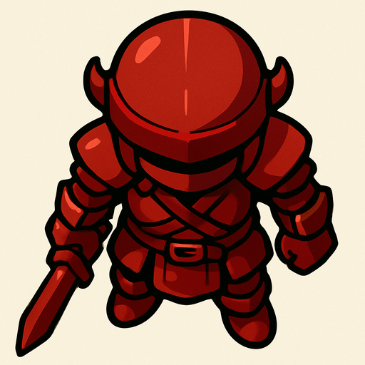 Guerrero vestido de cuero color rojo.
In-Game asset.  2d.  High contrast.  No shadows. Vista superior. Lineless. Chibi