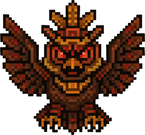 Genérame una Buho de anteojos guerrero azteca con eso patrones, estilo pixelar, con una apariencia maligna, ojos rojos, rabioso. Unidad aerea con alas. Animal.
In-Game asset.  2d.  High contrast.  No shadows
