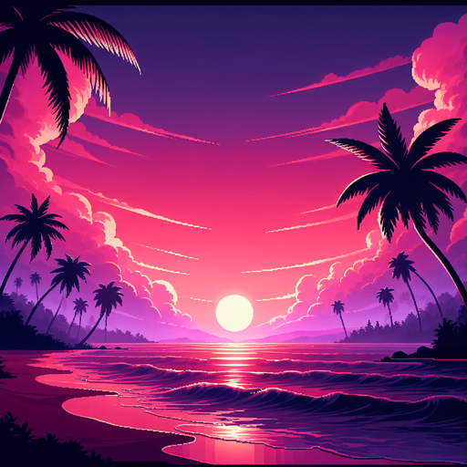A sunset beach background with waves and palm trees..
Single Game Texture.  In-Game asset.  2d.  Blank background.  High contrast.  No shadows