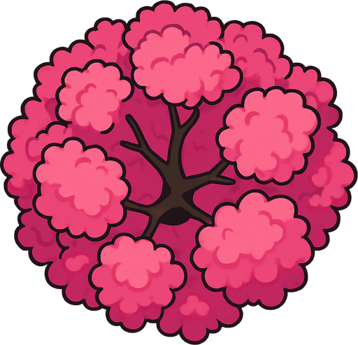 Top view of colorful pink tree looking upwards.
In-Game asset.  2d.  High contrast.  No shadows