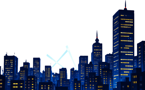 langit malam dikejauhan kota modern dengan lampu lampu sorot ke atas langit . anime 2d.  High contrast.  No shadows