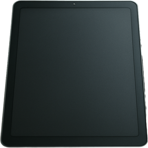 photorealistic grey Tablet lying down on dj deck, front view. The screen should be dark monocrome screen in power of mode without text.