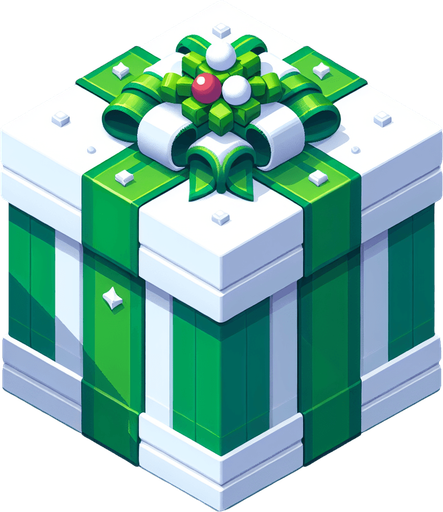 a big green and white christmas gift ornated. isometric view. nothing under. Single Game Texture. In-Game asset. 2d. Blank background. High contrast. No shadows.