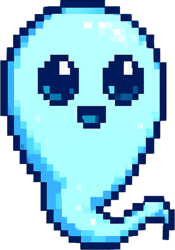 El fantasma debe tener un diseño amigable y en estilo pixel art, con cuerpo flotante de forma ovalada o en forma de gota invertida, color blanco o celeste pálido con bordes suaves y contorno oscuro para resaltar; su cara debe incluir ojos grandes y redondos con expresión simpática o curiosa, y una boca pequeña en forma de sonrisa o círculo; puede tener una animación sutil de flotación vertical, como si levitara suavemente en el aire, y opcionalmente incluir detalles como un leve brillo, transparencia o una colita ondeante en la parte inferior; el fondo debe ser transparente, y su estilo visual debe encajar en un mundo colorido y casual..
In-Game asset.  2d.  High contrast.  No shadows