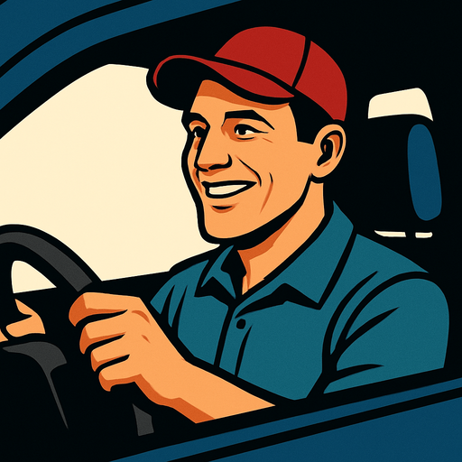 Smiling realistic driver. But hə is looking right.
In-Game asset.  2d.  High contrast.  No shadows