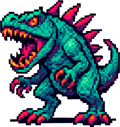 90'lardaki retro oyun dinazoru. vahşi olsun. diğer canavarlarda gibi olmayan renk olsun
In-Game asset.  2d.  High contrast.  No shadows