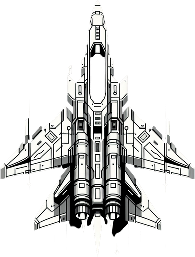 top-down view, spaceship in the shape of a fighter jet. pointed upwards.
Single Game Texture.  In-Game asset.  2d.  Blank background.  High contrast.  No shadows