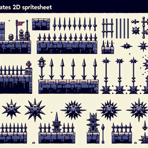 A spritesheet in sideperspectie showing various platform for a platformer game, some of them with medieval spilketraps or sets of spiked pallisades..
Single Game Texture. In-Game asset. 2d. Blank background. High contrast. No shadows.