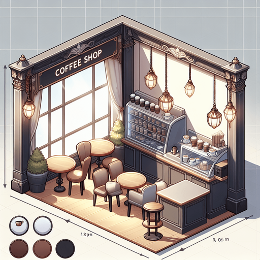 High end Coffee Shop.
Single Game Texture. In-Game asset. 2d. Blank background. High contrast. Shadows at the bottom.