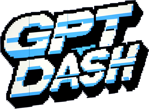 pixel art of a title screen logo with "GPT DASH" written on it, no shadows.
Single Game Texture. In-Game asset. 2d. Blank background. High contrast. No shadows.
