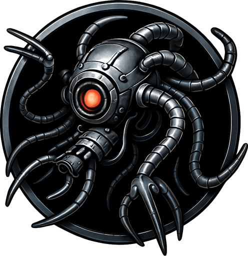 Creat a singular circular asset that features a 3D version of a sentinal from the film the matrix. Asset to have a metallic feel, and the background is to be transparent.
In-Game asset.  2d.  High contrast.  No shadows