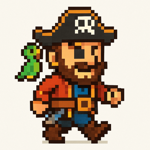 El pirata debe ser un personaje simpático y reconocible en estilo pixel art, con sombrero tricornio negro o marrón con una calavera blanca en el centro, un parche en uno de los ojos, barba o bigote corto, y una expresión decidida o divertida; su ropa debe incluir una chaqueta roja o azul, cinturón ancho, pantalones cortos y botas, todo con detalles simples pero claros; puede tener un accesorio como una espada al cinto o un loro en el hombro, y su animación debe mostrarlo caminando o balanceándose ligeramente como si estuviera en un barco; el fondo debe ser transparente y el diseño debe ser compacto, ideal para un juego colorido y caricaturesco..
In-Game asset.  2d.  High contrast.  No shadows