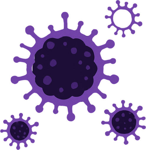 topdown view, small compact digital virus, dark purple core, clustered cell-like form, tiny spiky details, designed to appear in groups, minimal yet recognizable, fits motherboard environment.
In-Game asset.  2d.  High contrast.  No shadows