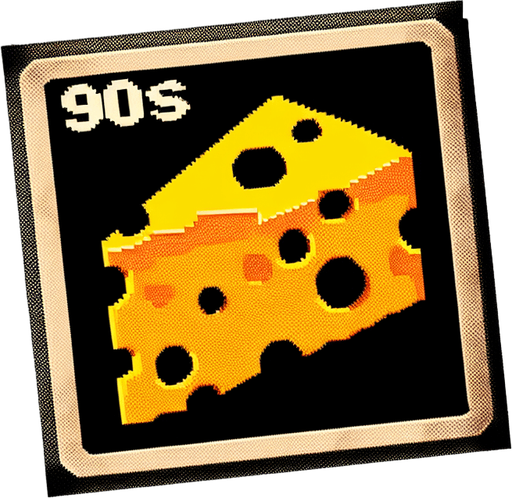 Worn out sticker for a video game, 90s style, cheese, simple, vintage.
Single Game Texture. In-Game asset. 2d. Blank background. High contrast. No shadows.