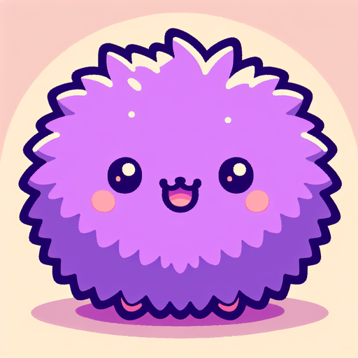 a purple furry cuddly ball of fur. little feet. No ears. cute happy face. Cartoon style. Cute art style. Simple vector style. Pastel colors, flat shaded, vector art. Single Game Texture. In-Game asset. 2d. Blank background. High contrast. No shadows