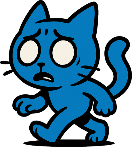Un gato azul sin pupilas preocupado caminando.
In-Game asset.  2d.  High contrast.  No shadows