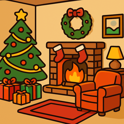 a cartoon style 3d image of a cozy christmas living room with a cozy fire in a fireplace..
In-Game asset.  2d.  High contrast.  No shadows