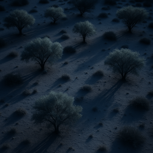 Photorealistic desert trees at night, bird view