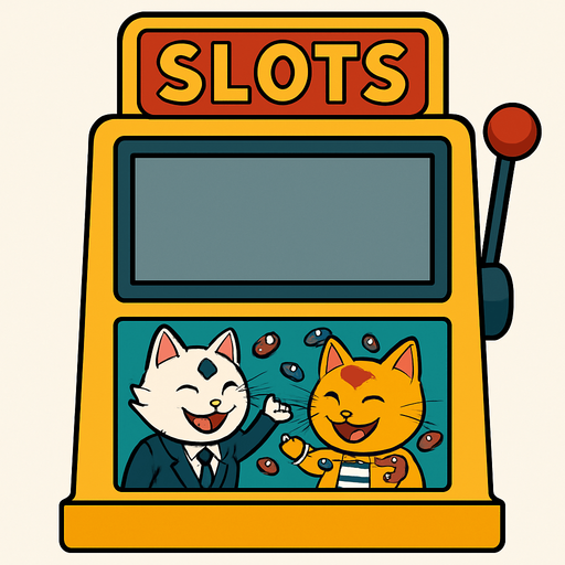 A slots machine with the word Slots at the top. The section where the reels should be is a big empty rectangular window. Underneath that window have a smaller graphic of the cats from this picture throwing chips into the air as a picture on the face of the slots machine. Like they’ve won a jackpot. Include the part where the buttons are, but have that part blank with no buttons. Background behind the image is white.