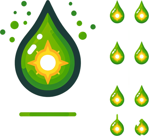 A sprite sheet of energy projectiles. Green projectiles tear shaped with yellow energy core.
Single Game Texture. In-Game asset. 2d. Blank background. High contrast. No shadows.