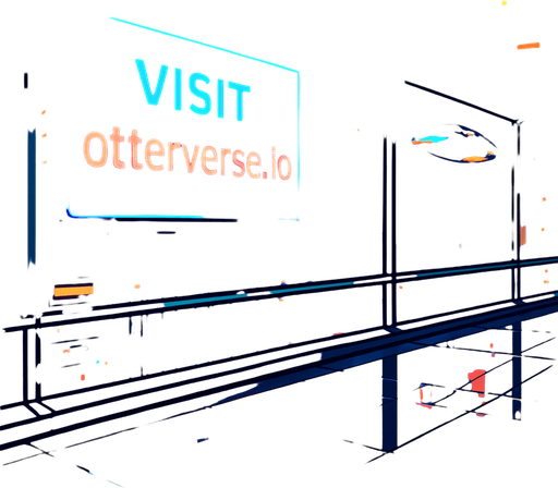 Render a futuristic skyline view from a glass-walled sky-bridge at twilight. Huge digital billboard outside declares ‘Visit otterverse.io’ in crisp neon lettering. Include passing hover-cars, floating particle effects, and a wet floor inside reflecting the lights—no characters or coins..
In-Game asset.  2d.  High contrast.  No shadows
