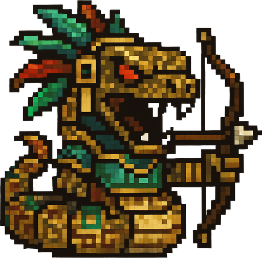 Genérame una Boa de arcoiris guerrero azteca con eso patrones, estilo pixelar, con una apariencia maligna, ojos rojos, rabioso. Unidad a distancia, con un arco o cerbatana. Animal.
In-Game asset.  2d.  High contrast.  No shadows