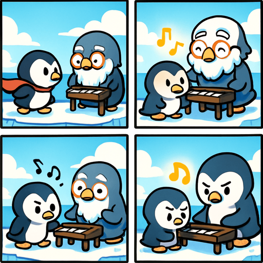 4-panel comic strip, no text, cute cartoon style, bright colors, black outlines.
Characters: Penguin Hero (small, determined) + Penguin Princess (elegant, crown) + Village Penguins
Central Theme: Music connects hearts, piano mastery wins love. Story: Old wise penguin teaches Hero about music and courage

Panel 1: Hero meets old penguin with small piano on ice floe
Panel 2: Old penguin demonstrates simple piano scales, notes are warm/golden
Panel 3: Hero tries playing, makes mistakes but old penguin encourages
Panel 4: Hero practices with determination, musical notes getting brighter.
In-Game asset.  2d.  High contrast.  No shadows