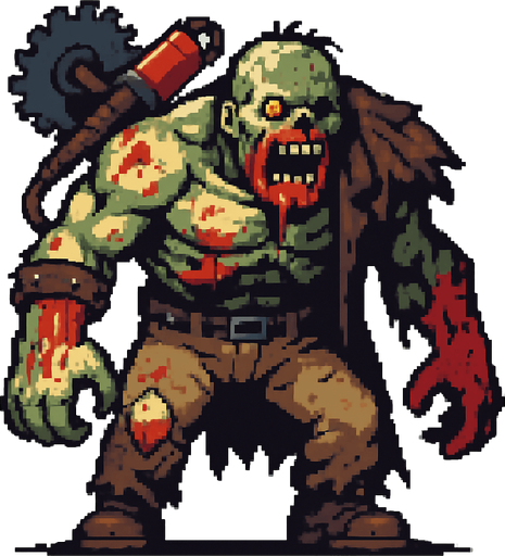 Post Apocalyptic boss zombie pixel art less pixel.
In-Game asset.  2d.  High contrast.  No shadows