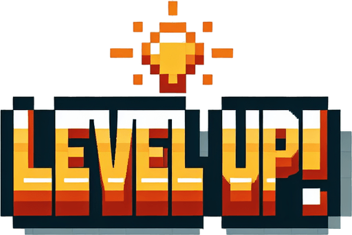 cartoon. 8bit. messsage:

Level Up!.
Single Game Texture. In-Game asset. 2d. Blank background. High contrast. No shadows.