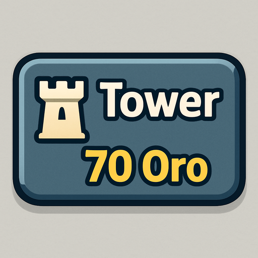Crea un botón interactivo UI estilo 2D renderizado, limpio y cartoonish. Debe tener contornos definidos, colores vibrantes y sombreado que dé volumen. Será un rectángulo con esquinas ligeramente redondeadas. El fondo del botón será sólido y neutro (ej. gris claro, azul pizarra, metal pulido o piedra sutil). Debe contrastar con el "tablón" de madera pero integrarse bien al estilo general de la UI.

El botón debe contener:

Texto Principal: La palabra "Tower" (Torre) claramente visible en la parte superior central.

Icono Secundario (Opcional): Una silueta o dibujo estilizado y simple de una torre genérica, ubicada a la izquierda del texto "Tower" (o a la derecha, si el diseño lo favorece).

Precio: El texto "70 Oro" (o símbolo de oro y "70") claramente visible en la parte inferior central (o en una esquina inferior). Este precio debe ser una parte integral del diseño del botón (mismo asset).

Los colores de texto/icono deben contrastar claramente con el fondo (ej. blanco, dorado). El bo.
In-Game asset.  2d.  High contrast.  No shadows
