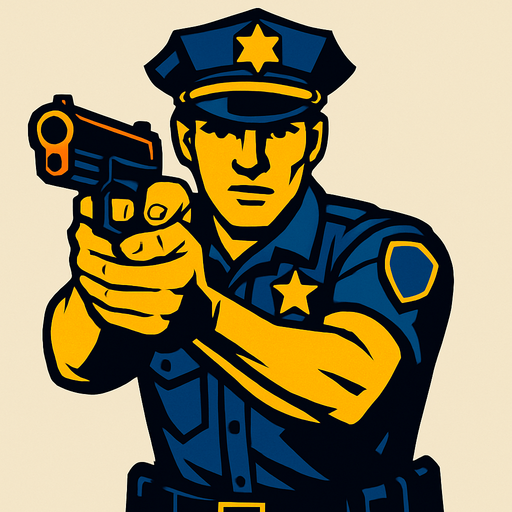 A police officer with a gun in his hand and ready to shoot.
In-Game asset.  2d.  High contrast.  No shadows