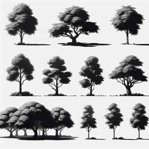 Trees.
Single Game Texture. In-Game asset. 2d. Blank background. High contrast. No shadows.