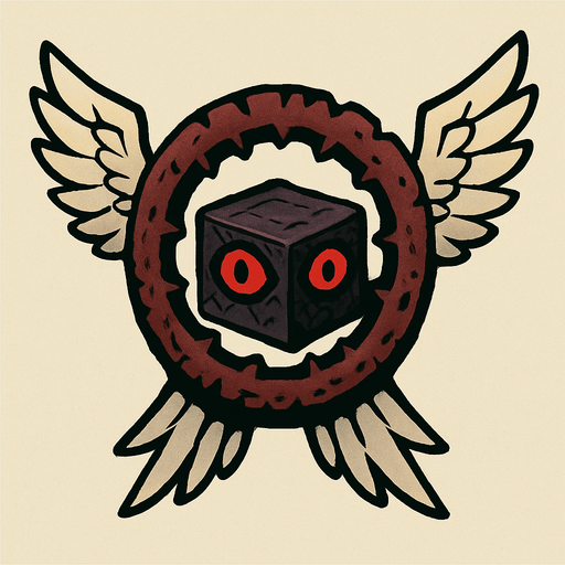 Alas: Tiene un par de grandes alas emplumadas de color gris claro o blanco, similares a las de un ángel o un grifo, que se extienden prominentemente hacia los lados.

Aro dentado/rueda: En el centro del ser hay un gran aro o rueda de color oscuro, posiblemente marrón rojizo o burdeos, con una textura rugosa o dentada, como si estuviera hecho de metal corroído o material orgánico. Este aro tiene aberturas o huecos irregulares a lo largo de su perímetro.

Cubo central: Dentro del aro, hay un objeto cúbico, de apariencia más pequeña que el aro, de color oscuro (posiblemente negro o morado muy oscuro). En cada una de las caras visibles de este cubo hay lo que parecen ser ojos rojos brillantes con pupilas oscuras, lo que le da un aspecto vigilante o inquietante..
In-Game asset.  2d.  High contrast.  No shadows
