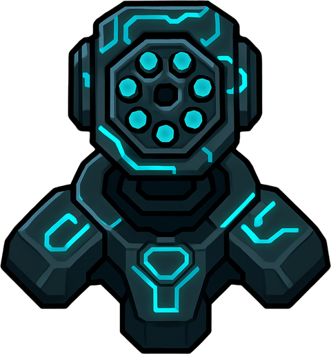 top-down view, small rapid-fire digital turret, multiple mini barrels, bright cyan glowing circuits, compact and fast look.
In-Game asset.  2d.  High contrast.  No shadows