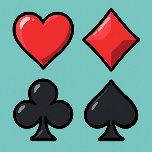 The four card suits arranged in 2x2 grid layout, no lines. Anime style.
In-Game asset.  2d.  High contrast.  No shadows