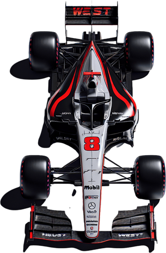 Mercedes-Benz MP4-13 F1 race car from 1999. TOP VIEW. 
BLACK & WHITE BODY. sIÉVER LIVERY Shiny-red arcs on both sides. Red 8 on nose 
Sponsor: "West" on rear wing. "Mobil1" on front wing..
Single Game Texture. In-Game asset. 2d. Blank background. High contrast. No shadows.