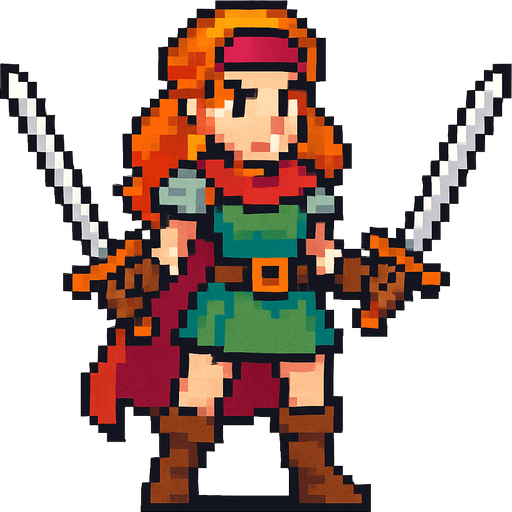 swords girl hero, standing, pixel art, no backgroun.
In-Game asset.  2d.  High contrast.  No shadows