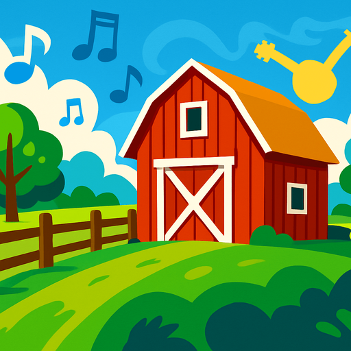 A vibrant cartoon-style background of a countryside scene with a barn, wooden fence, and wide blue sky, symbolizing American folk music. Add subtle music notes or banjo silhouette in the background. Export as a wide PN.
In-Game asset.  2d.  High contrast.  No shadows