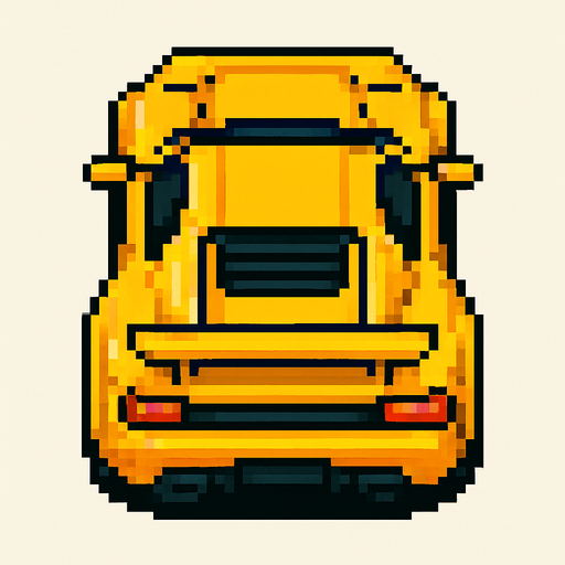 un auto amarillo deportivo con perspectiva desde arriba hecho con pixeles.
In-Game asset.  2d.  High contrast.  No shadows con perspectiva trasera